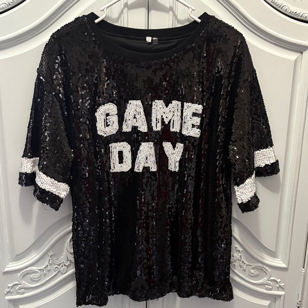 Game Day! Sequin Game Day T-Shirt - Black and White